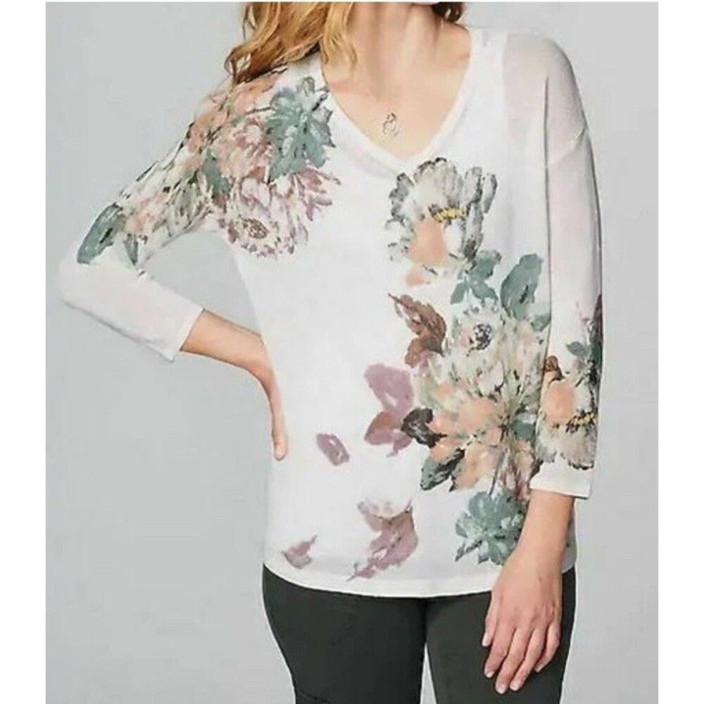 J Jill Sweater Womens Large Petite Linen Rayon Floral V-Neck 3/4 Cream Floral